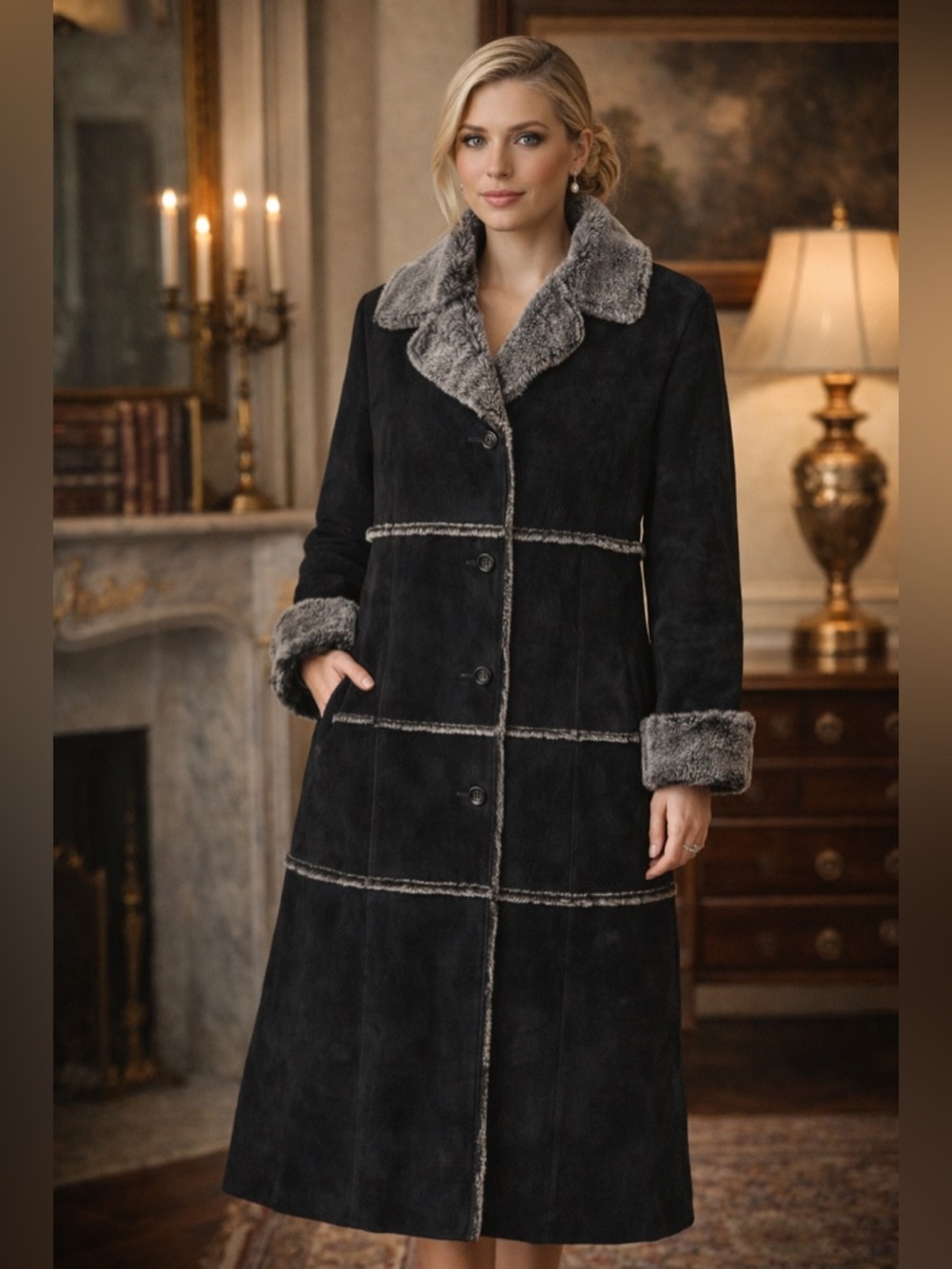 Brandon Thomas Black Suede Shearling Coat Long Trench Faux Fur Lined Size Medium